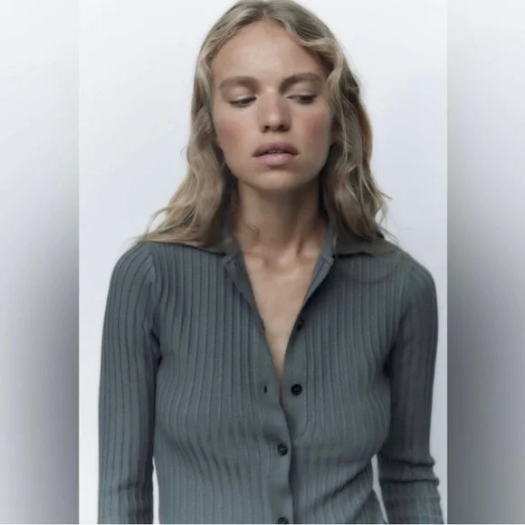 ZARA grey Ribbed Knit Polo - Picture 4 of 8